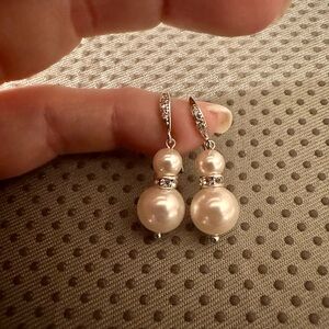 Double Pearl Drop Earrings with Rhinestone Accents